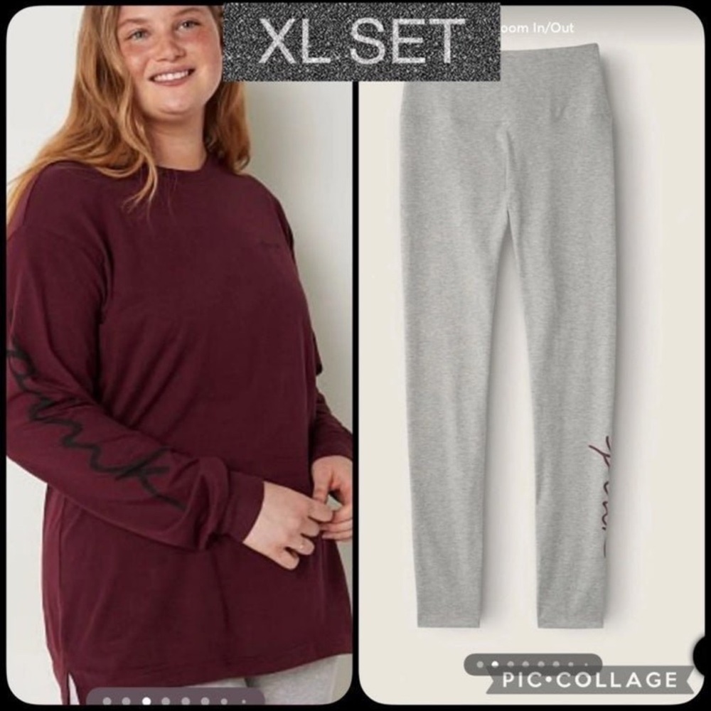 PINK VS long sleeve tee high waist full length legging grey maroon script logo